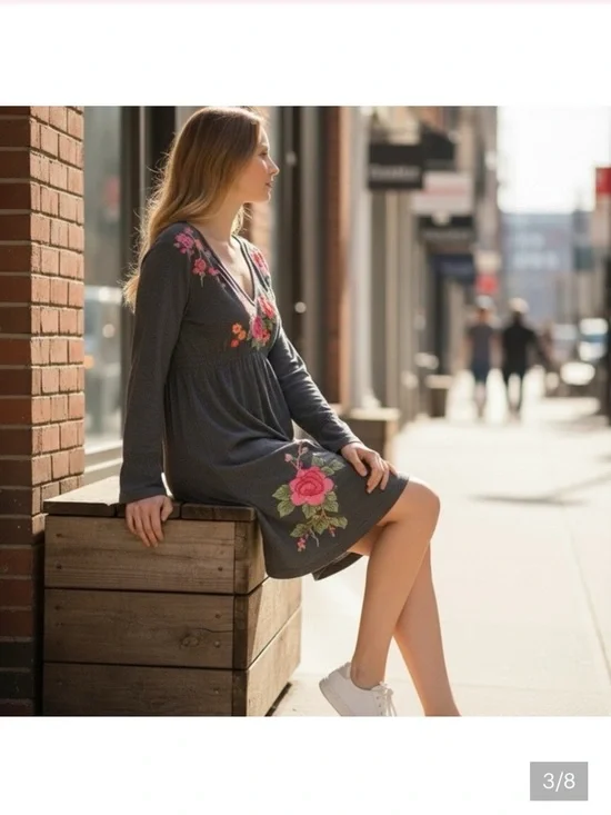Johnny Was V-Neck Black Dress with Red Floral Embroidery - Picture 3 of 8